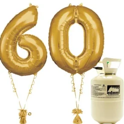 Party Delights Age 60 Gold Foil Kit With Helium, Ribbon And Weights< Number Balloons