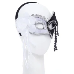 Party Delights Black & White Masquerade Mask With Feathers & Beads< Masks