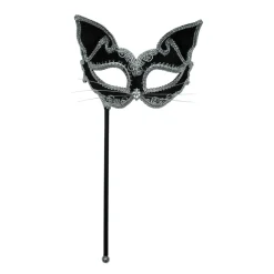 Party Delights Black Cat Masquerade Mask On Stick< Masks