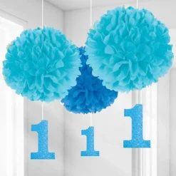 Party Delights Boy's 1St Birthday Pom Pom Decorations - 40Cm (3Pk)< Hanging Decorations