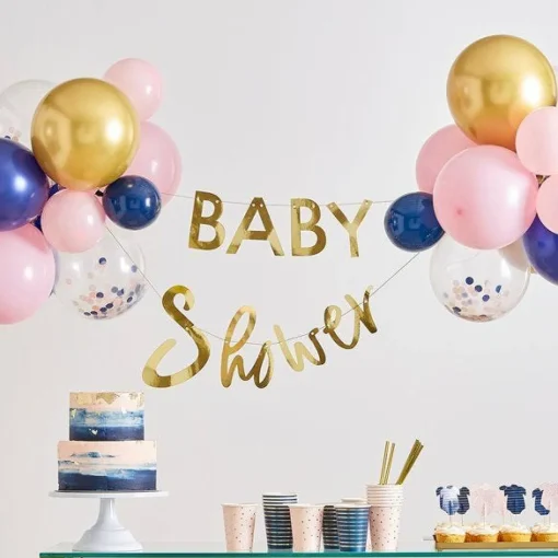 Party Delights Gender Reveal Gold Baby Shower Balloon & Bunting Kit< Bunting