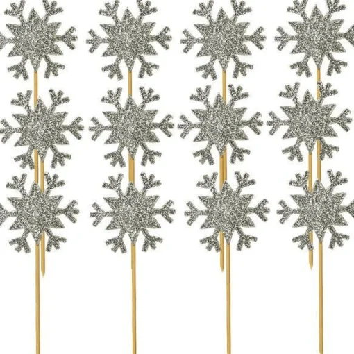 Glitter Snowflake Cupcake Toppers Silver (12Pk)<Party Delights Outlet