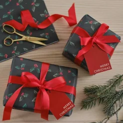 Holly Wrapping Paper With Gift Tags & Ribbon - 2 Sheets (50Cm X 70Cm)<Party Delights Online