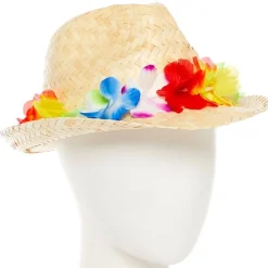 Party Delights Natural Straw Hat With Flower Band< Hats & Headwear