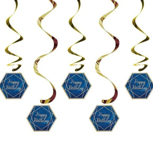 Party Delights Navy & Gold Geode 'Happy Birthday' Hanging Swirls (5Pk)< Hanging Decorations