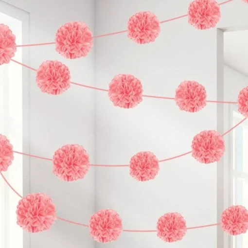 Party Delights New Pink Pom Pom Garland - 3.7M X 2 Pieces (2Pk)< Hanging Decorations