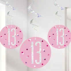 Party Delights Pink Birthday Glitz Age 13 Hanging Swirls - 80Cm (6Pk)< Hanging Decorations