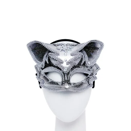 Party Delights Silver & Black Jewelled Cat Masquerade Mask< Masks