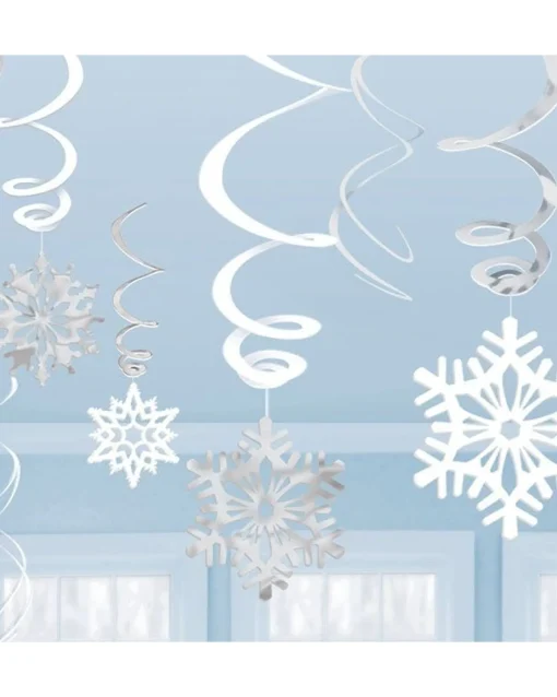 Party Delights Silver Snowflake Hanging Swirls - 60Cm (12Pk)< Hanging Decorations
